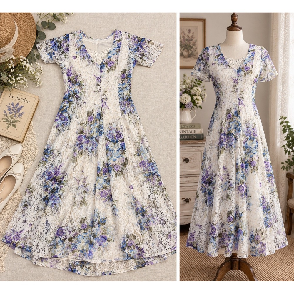 Vintage Floral Lace Maxi Dress Purple Blue Floral Lace Cottagecore 90s Small